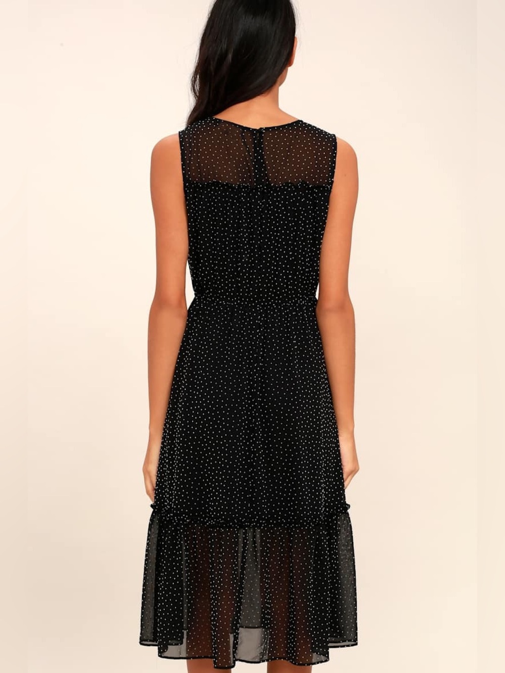LULUS Afternoon Stroll Black Polka Dot Midi Dress Size S NWOT Ruffle Chiffon Dot - Picture 7 of 9